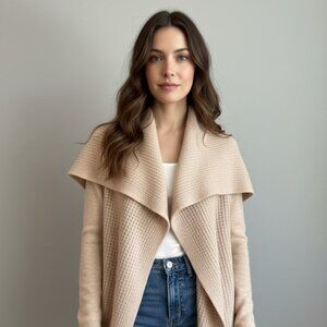 Theory Open Front Knit Cardigan Sweater Small Beige Waterfall Collar